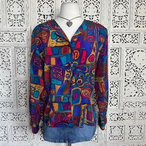 Vintage Retro Colorful Artsy Abstract Long Sleeve Button Up Blouse Sz Medium